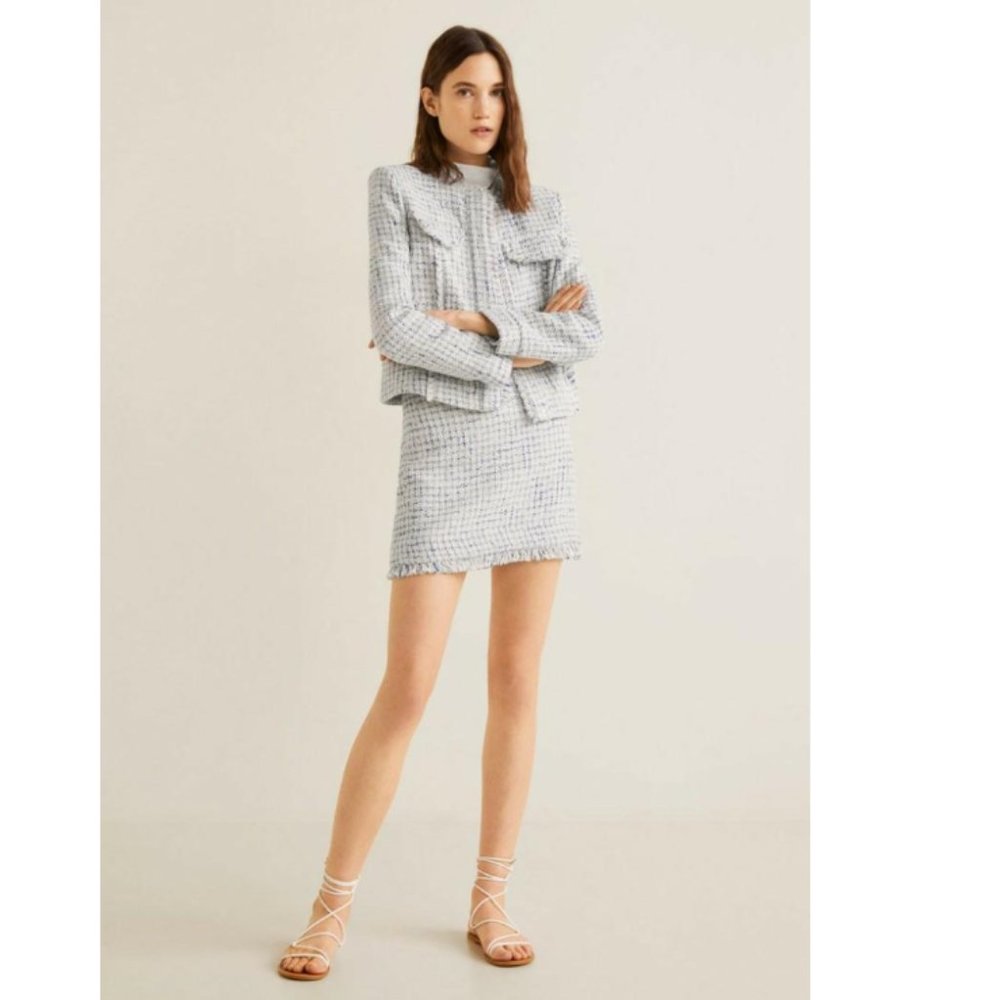 MNG Suit Tweed-Style Jacket in Blue and White